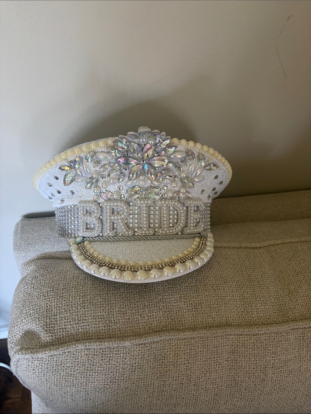 Bride Embellished White Bridal Cap with Rhinestones